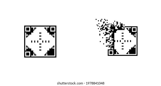 Ornamental Qr code dispersed filled rectangle, illustration for graphic design, colors: black and white