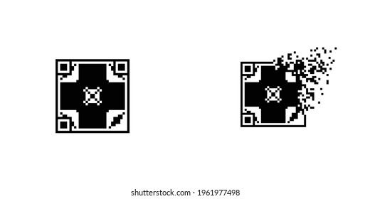 Ornamental Qr code mosaic dispersed filled rectanlge, illustration for graphic design, colors: black and white