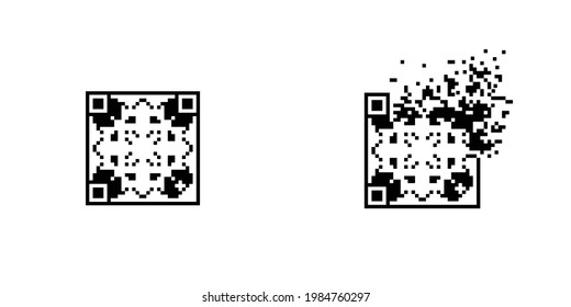 Ornamental Qr code mosaic dispersed filled rectanlge, illustration for graphic design, colors: black and white