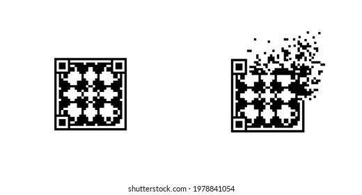 Ornamental Qr code tile disintegration into pixels, illustration for graphic design, colors: black and white