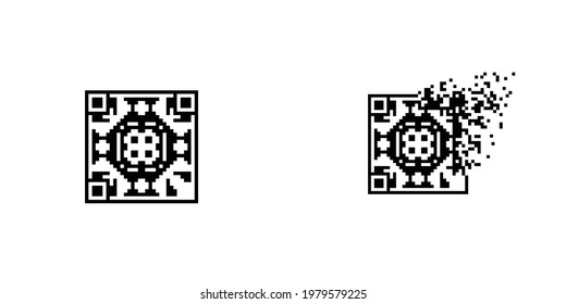 mosaico de código Qr ornamental con efecto de desintegración, ilustración para diseño gráfico, colores: blanco y negro