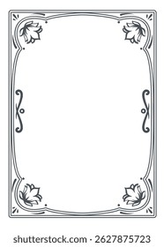 Ornamental rectangular frame with curved borders and stylized blooming flowers in corners. Decorative monochrome outline. Vector illustration for invitations, certificates, labels, or vintage design.