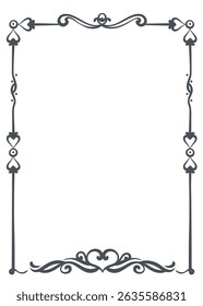 Ornamental rectangular frame decorated with symmetrical heart shapes and flourishes. Delicate outline style for love-themed invitations, wedding cards, or romantic designs. Vector illustration.