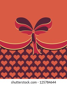 Ornamental red bow on the background with hearts, vector illustration
