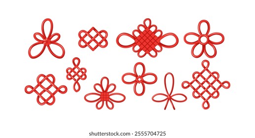 Ornamental red Chinese knots flat color vector objects set. Decorative patterns of tied threads illustrations bundle on white background