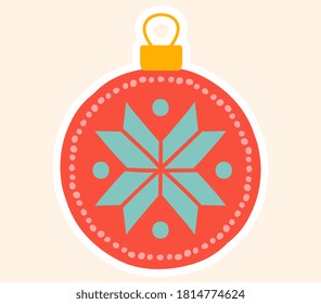 Ornamental red Christmas tree bauble with blue design and white border to celebrate the holiday season, colored vector illustration