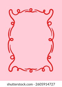 Ornamental red curly border drawing with loops on a soft pink background, stylized in a simple hand-drawn graphic style. Vector illustration