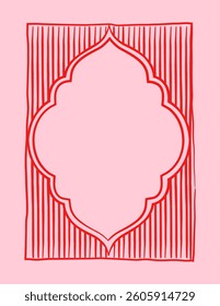 Ornamental red frame with symmetrical curved design and vertical stripes, placed on a soft pink background. Concept of decoration and elegance. Vector illustration