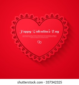Ornamental red heart frame with shadow on red background. Vector illustration. Valentines day decorative greeting card with place for text. Wedding patterned frame. Happy Valentines Day Template.