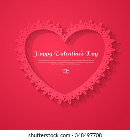 Ornamental red heart frame with shadow on red background. Vector illustration. Valentines day decorative greeting card with place for text. Wedding patterned frame. Happy Valentines Day Template.