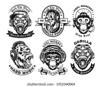 Ornamental retro black and white monkey vector illustrations set. Graphic sketches of gorilla in decorative retro style with headphones. Wildlife or music concept for tattoo template or design