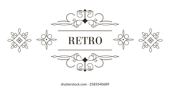 Ornamental retro-style logo design featuring decorative swirls and details, isolated on a white background. A stylish vector illustration for branding or invitations.