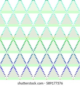 The ornamental rhombus with triangles in white, green, blue and light gray colors a seamless pattern on a multicolor background.