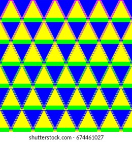 Ornamental rhombus with triangles in white, green, blue and gray colors a seamless pattern on a multicolor background.