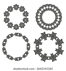 Ornamental ring set. Grey vector wreaths. Circular gear shapes. Decorative geometric collection.
