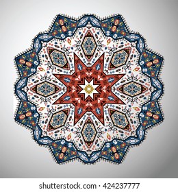 Ornamental round bright geometric pattern in aztec style