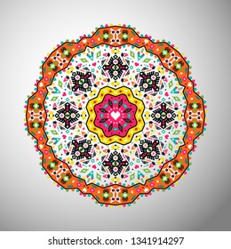 Ornamental round colorful geometric pattern in aztec style