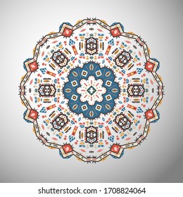 Ornamental round colorful geometric pattern in aztec style