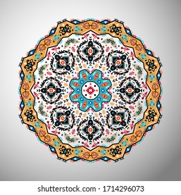 Ornamental round colorful geometric pattern in aztec style