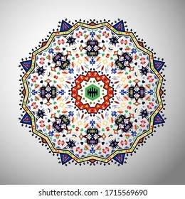 Ornamental round colorful geometric pattern in aztec style