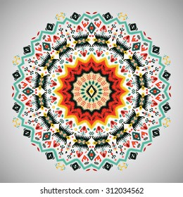 Ornamental round colorful geometric pattern in aztec style
