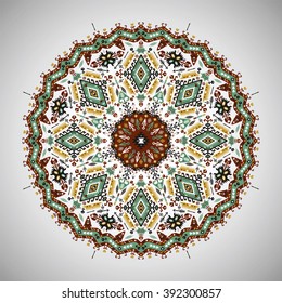 Ornamental round colorful geometric pattern in aztec style