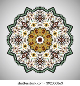 Ornamental round colorful geometric pattern in aztec style