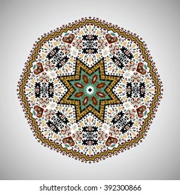 Ornamental round colorful geometric pattern in aztec style