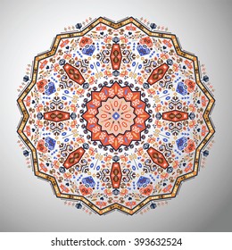 Ornamental round colorful geometric pattern in aztec style