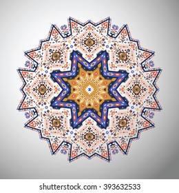 Ornamental round colorful geometric pattern in aztec style
