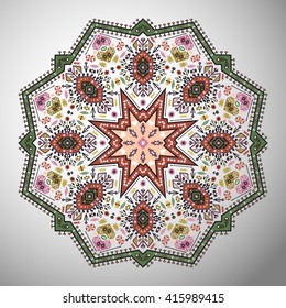 Ornamental round colorful geometric pattern in aztec style