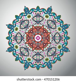 Ornamental round colorful geometric pattern in aztec style
