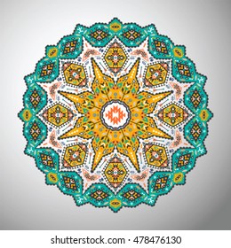Ornamental round colorful geometric pattern in aztec style