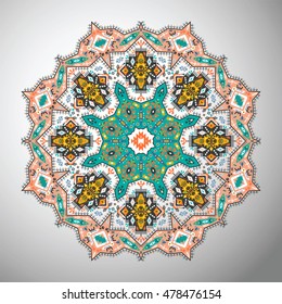 Ornamental round colorful geometric pattern in aztec style