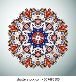 Ornamental round colorful geometric pattern in aztec style