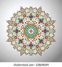 Ornamental round colorful geometric pattern in aztec style