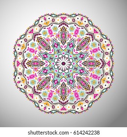 Ornamental round colorful geometric pattern in aztec style