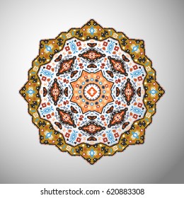 Ornamental round colorful geometric pattern in aztec style