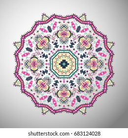 Ornamental round colorful geometric pattern in aztec style