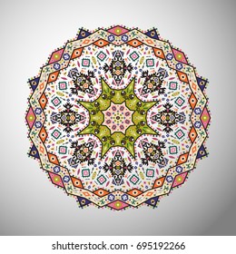 Ornamental round colorful geometric pattern in aztec style