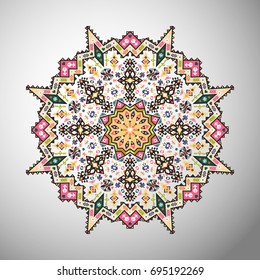 Ornamental round colorful geometric pattern in aztec style