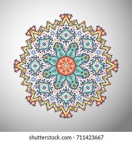 Ornamental round colorful geometric pattern in aztec style
