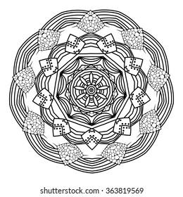 Ornamental round doily pattern with ethnic elements for coloring book for adult, shirt design or tattoo. Black and white mandala.