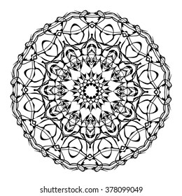 Ornamental round doily pattern with ethnic elements for adult coloring book, shirt design or tattoo. Black and white zentangle mandala.