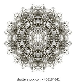 Ornamental round doily pattern with ethnic elements for adult coloring book, shirt design or tattoo. Black and white zentangle vector mandala. 