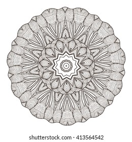 Ornamental round doily pattern with ethnic elements for adult coloring book, shirt design or tattoo. Black and white zentangle vector mandala.