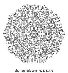 Ornamental round doily pattern with ethnic elements for adult coloring book, shirt design or tattoo. Black and white zentangle mandala.