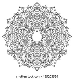 Ornamental round doily pattern with ethnic elements for adult coloring book, shirt design or tattoo. Black and white zentangle vector mandala. 
