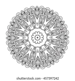 Ornamental round doily pattern with ethnic elements for adult coloring book, shirt design or tattoo. Black and white zentangle vector mandala
