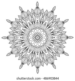 Ornamental round doily pattern with ethnic and floral elements for adult coloring book, t-shirt design or tattoo. Black and white zentangle vector mandala. Zendala.